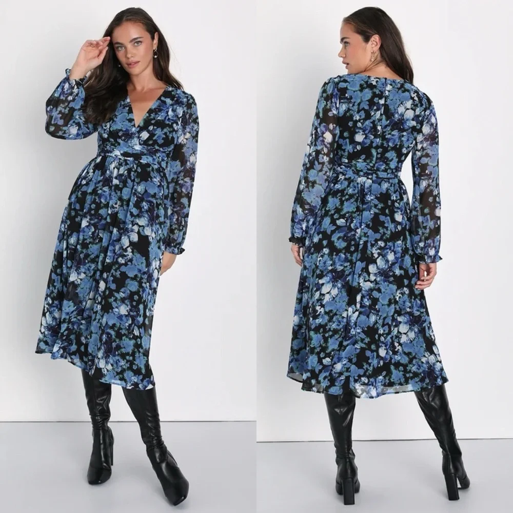 Lulu’s Impressive Charm Black Multi Floral Print Long Sleeve Midi Dress - Picture 1 of 9